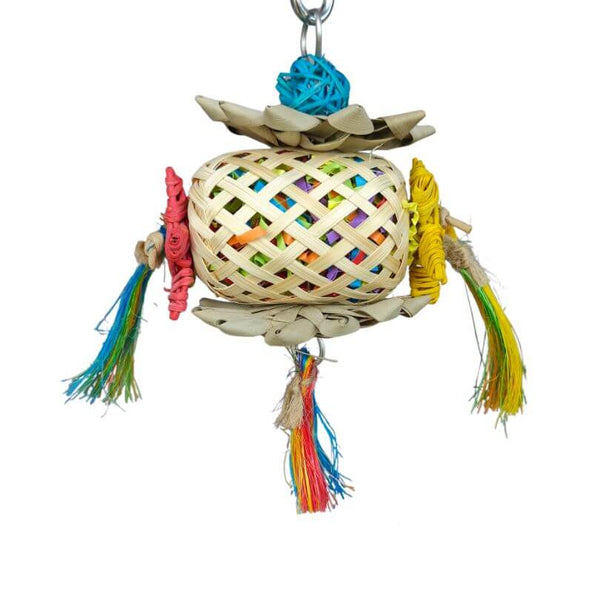 Bamboo Barrel bird toy with a hollow bamboo centre and hanging natural chew pieces