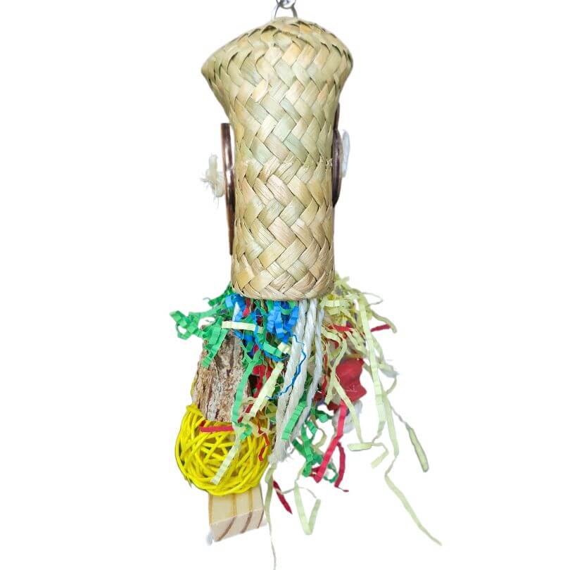 side view of the Halloween Ghost Shredder showing its woven basket and hanging chew pieces