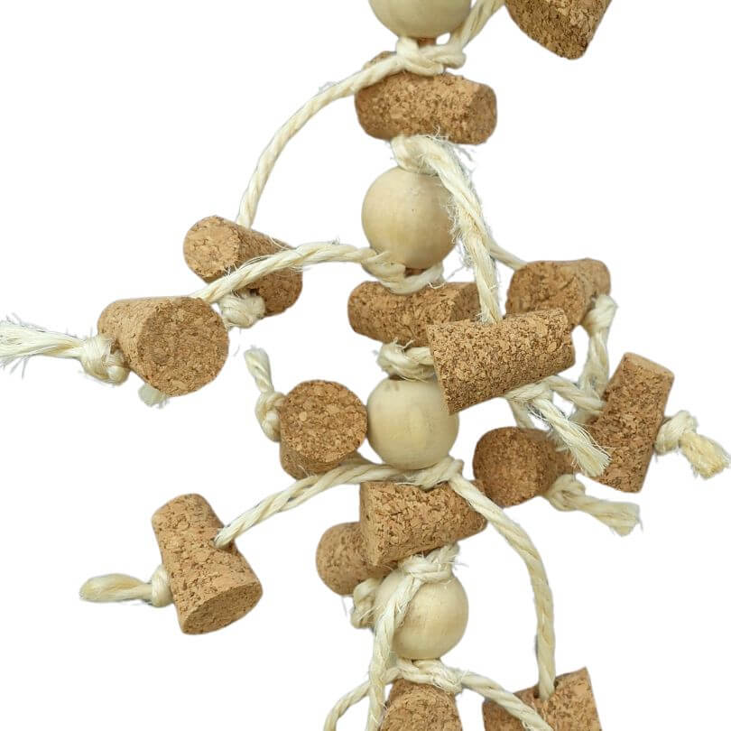 Close view of the cork pieces, wooden beads and sisal rope on Birdie Naturals Cork Chaos