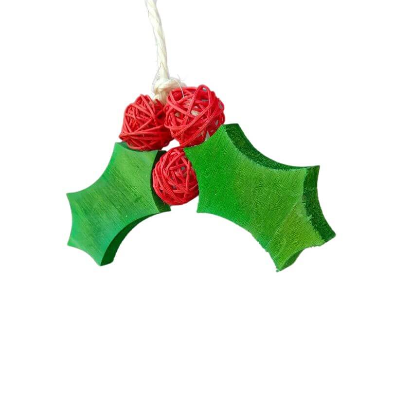 Christmas Holly Chew with green wooden holly leaves and red woven balls