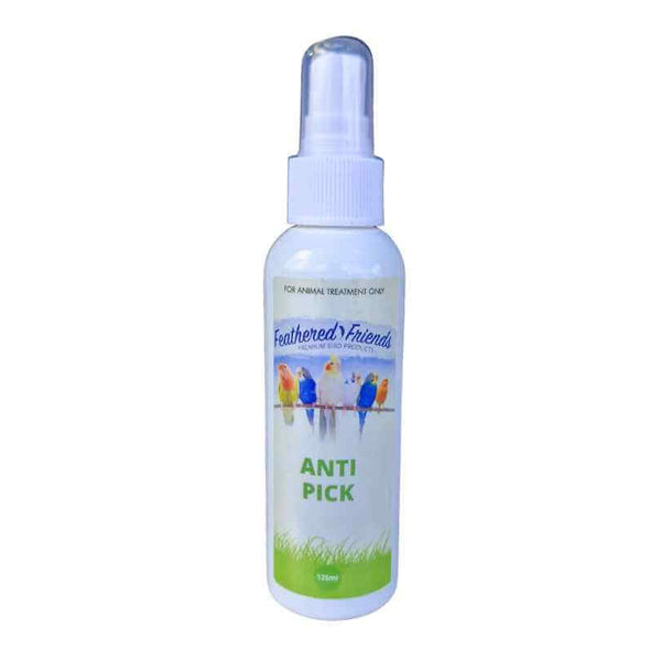 Feathered Friends Anti Pick Spray 125ml bottle, front label