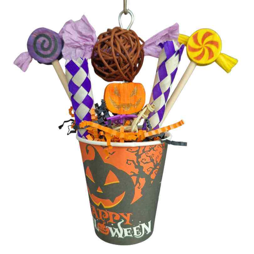 Hanging Halloween Parrot Treat Cup filled with colourful paper lollies, woven tubes and a pumpkin