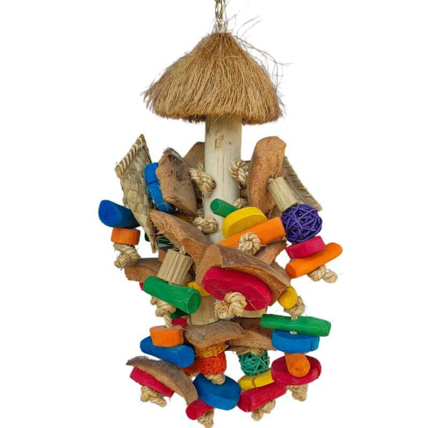 Java Tiki Tower with a thick wood pole, half coconut, colourful blocks and wicker balls