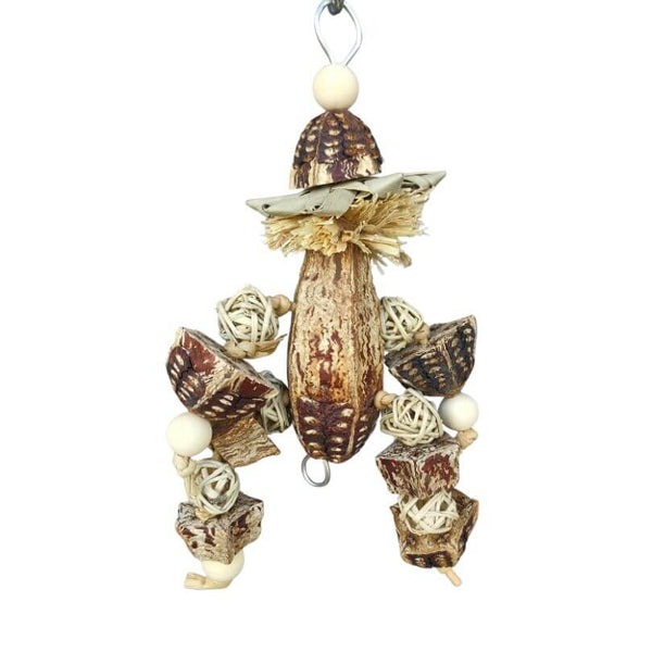 Mahogany Man Chew with a carved body and dangling natural chew pieces