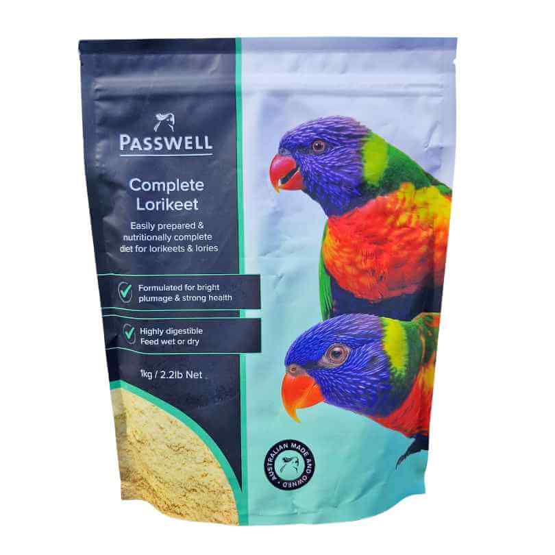 New Passwell Complete Lorikeet Mix packaging with two Rainbow Lorikeets and lorikeet food powder