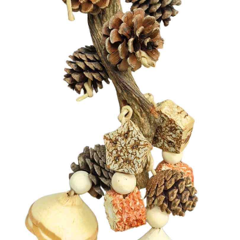 Pinecone Harvest Dangle up close, showing the pinecones, corn cob pieces and balsa slices for parrots to chew and pull