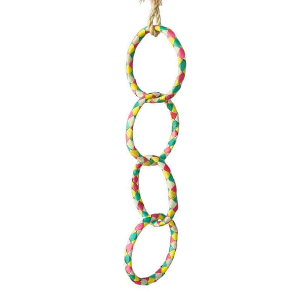 Beak Joy Woven Wonders Four Rings, four linked colourful woven palm leaf rings bird swing toy