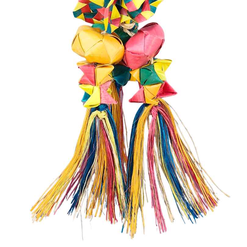 Close-up of the dangling abaca fibres and woven balls on the Woven Wonders Shredder Balls bird toy