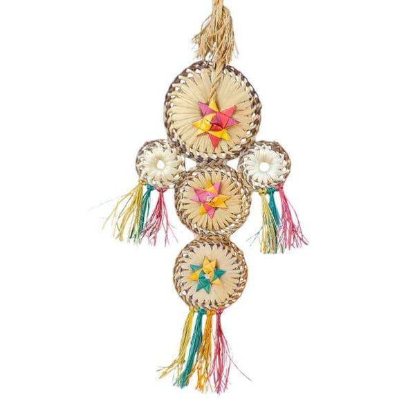 Beak Joy Woven Wonders Dream Catcher, colourful palm leaf and bamboo bird shredding toy