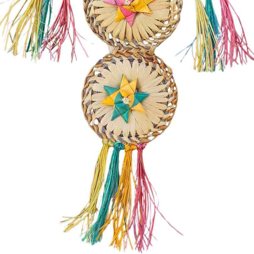 Close-up of the woven palm leaf and bamboo textures on the Woven Wonders Dream Catcher bird toy