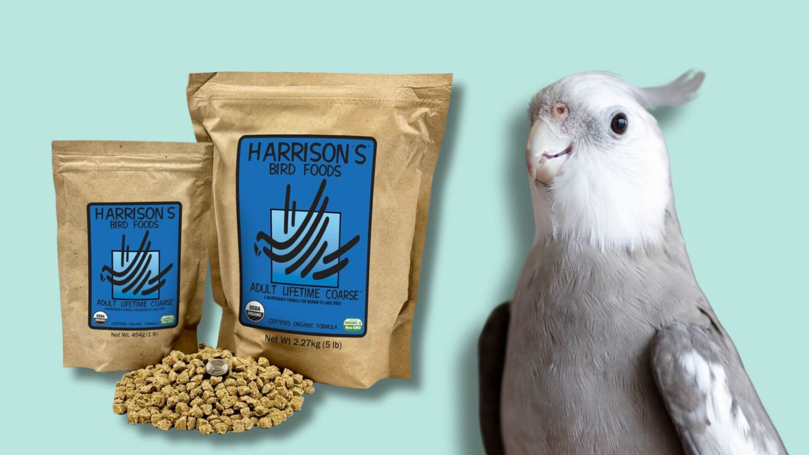 Harrison's Bird Food formulas on the shelf