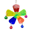 Acrylic Happy Flower bird toy with clear acrylic petals, hanging bells and a metal cage chain