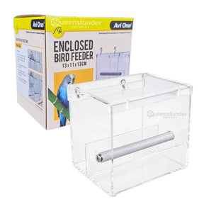 Avi-One Enclosed Acrylic Feeder, a clear acrylic seed feeder with a metal perch and hanging hooks