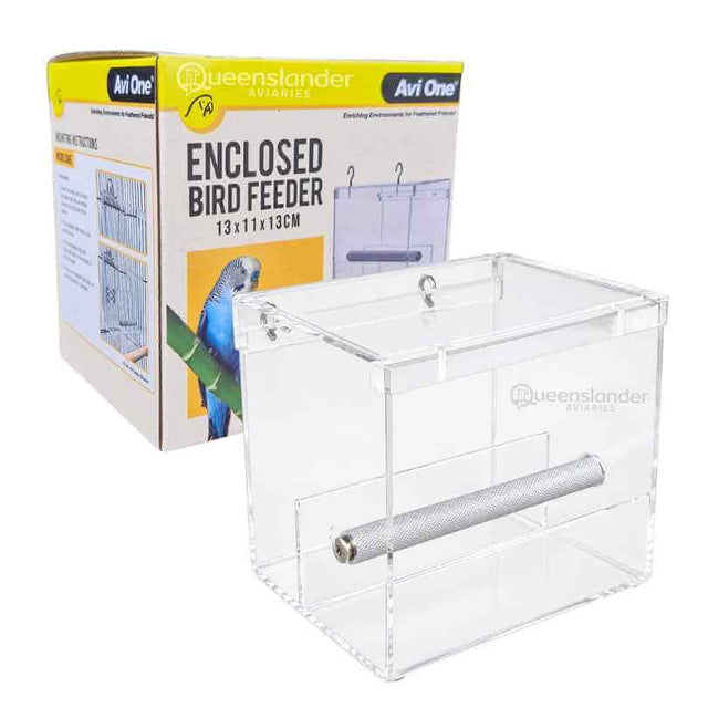 Avi-One Enclosed Acrylic Feeder, a clear acrylic seed feeder with a metal perch and hanging hooks