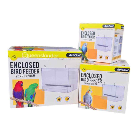 Avi-One Enclosed Acrylic Feeder in Small, Medium and Large side by side