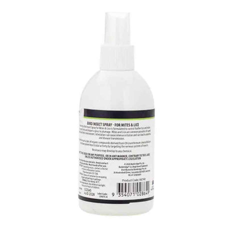 Close view of the Bainbridge Bird Mite and Lice Insect Spray back label