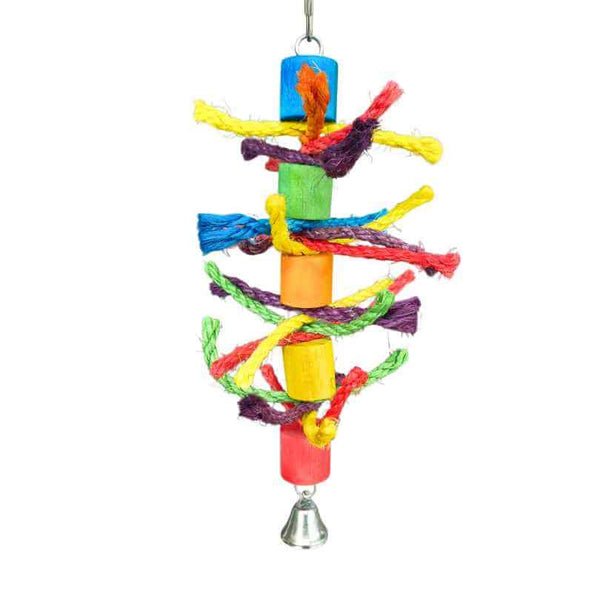 Cheeky Bird Sisal Cylinder Kabob with a wrapped cylinder and colourful wooden pieces