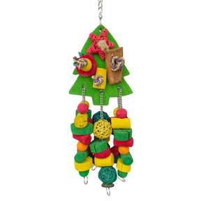 Close-up of the festive Java wood blocks, woven balls and lower hanging bell