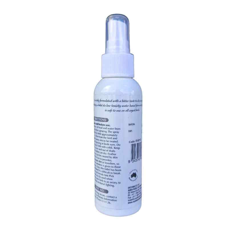 Feathered Friends Anti Pick Spray 125ml bottle, back label with directions
