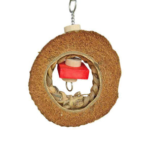 Feathered Friends Coco Eclipse Small coconut shell ring bird toy with colourful wooden blocks on a metal chain