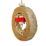Close up of the Coco Eclipse natural coconut shell ring with woven braid and coloured wooden chew blocks