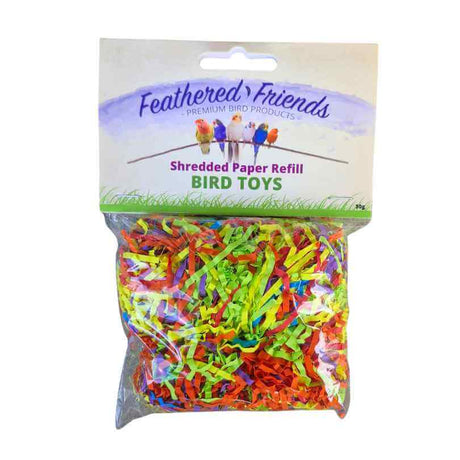 Mixed colour shredded paper refill pulled apart and fluffed up for filling bird foraging toys