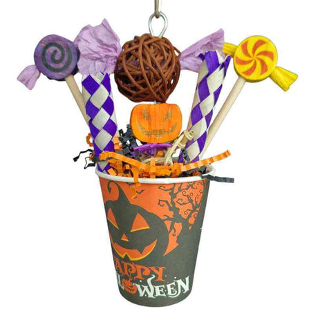 Hanging Halloween Parrot Treat Cup filled with colourful paper lollies, woven tubes and a pumpkin