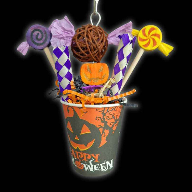 Halloween Parrot Treat Cup with paper lollies, woven tubes, shredded paper and a wooden pumpkin