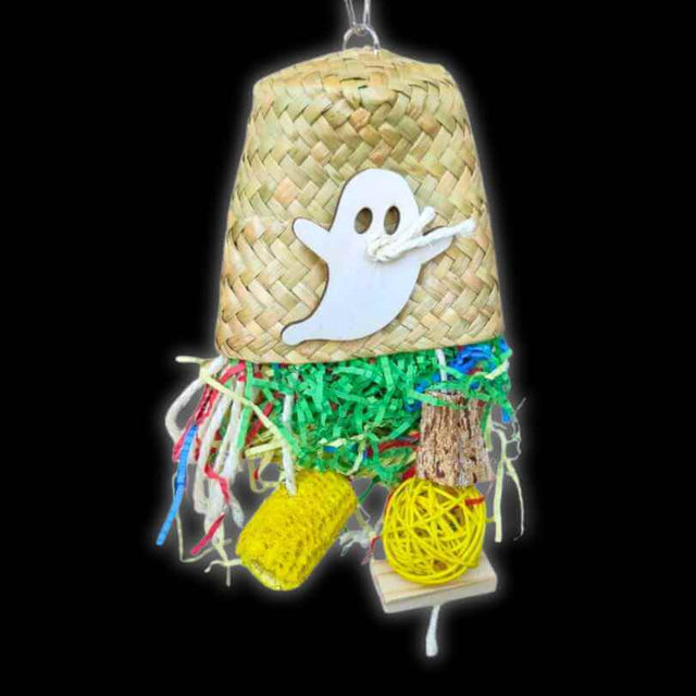 Halloween Ghost Shredder with a woven basket, wooden ghost and colourful shredded paper