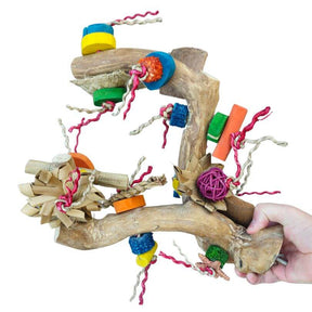 Java Play Perch with colourful wood blocks, pumice, corn cob and coconut shell pieces