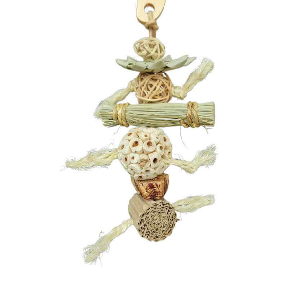 Mini Chew Tower hanging bird toy with cardboard roll, sola ball, reed bundle, wicker ball, sisal rope and palm star