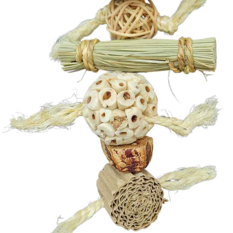 Mini Chew Tower up close, showing the mixed chew textures for budgies, cockatiels and other small birds