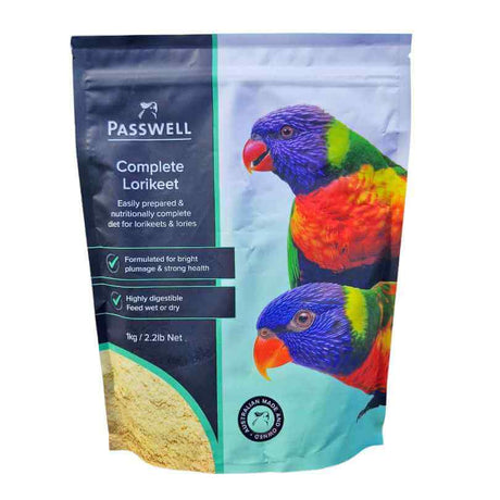 New Passwell Complete Lorikeet Mix packaging with two Rainbow Lorikeets and lorikeet food powder