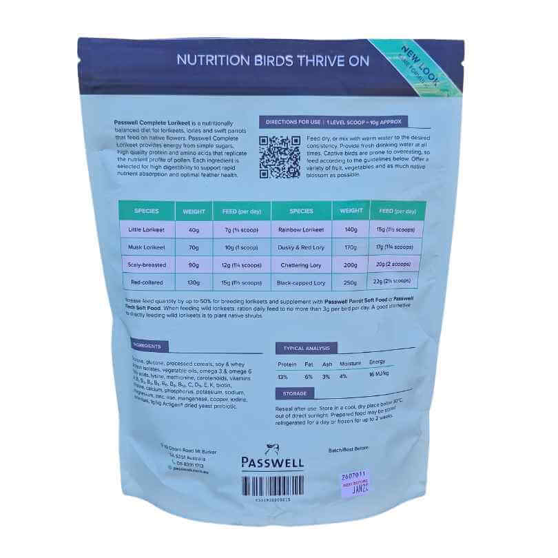 Back of the Passwell Complete Lorikeet Mix packet showing ingredients, feeding directions and nutritional information