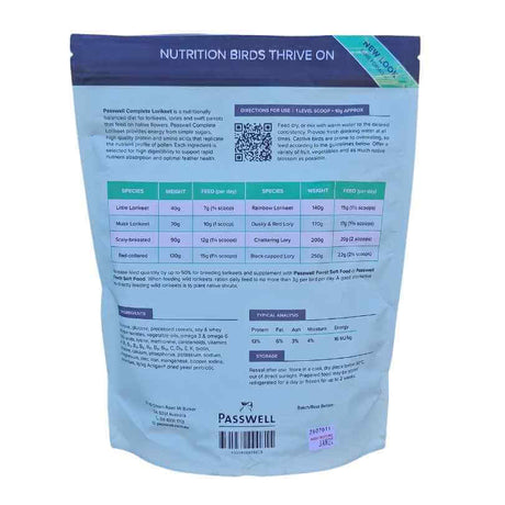 Back of the Passwell Complete Lorikeet Mix packet showing ingredients, feeding directions and nutritional information