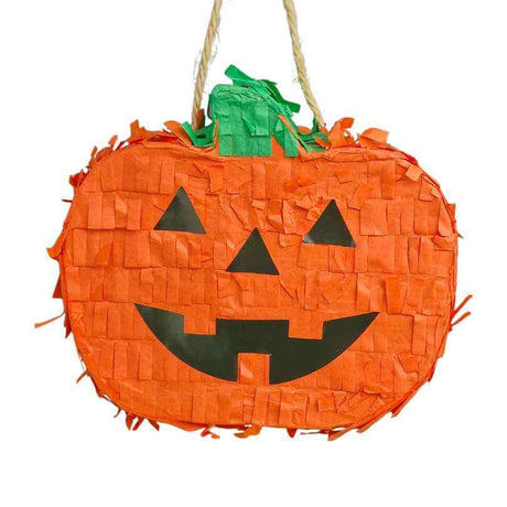 Hanging orange Pumpkin Halloween Parrot Pinata with paper fringe and green stem