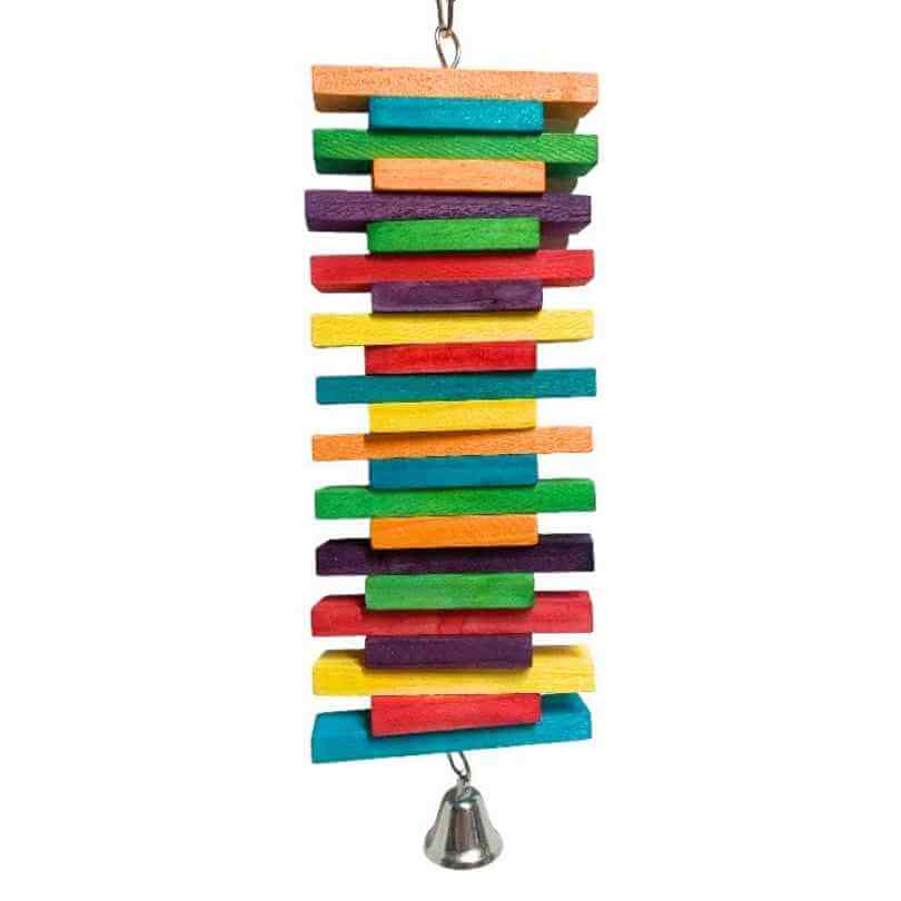 Rainbow Slat Slice bird toy with colourful pine slats in two sizes stacked on wire and a small bell