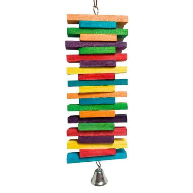 Rainbow Slat Slice bird toy with colourful pine slats in two sizes stacked on wire and a small bell