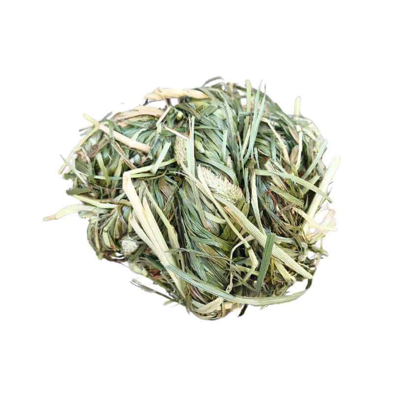 Close-up of the woven Timothy hay strands on the Beak Joy Timothy Hay Chew Ball, approx 8 cm