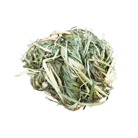 Close-up of the woven Timothy hay strands on the Beak Joy Timothy Hay Chew Ball, approx 8 cm