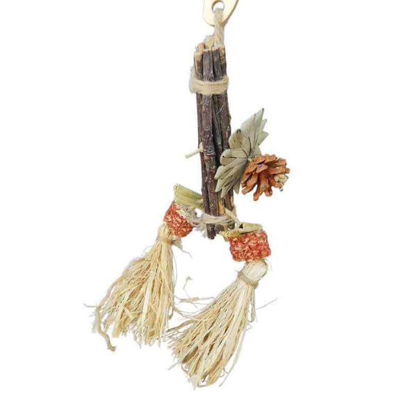 Beak Joy Tiny Chew Drop hanging bird chew toy with apple sticks, palm leaf and mini pinecone