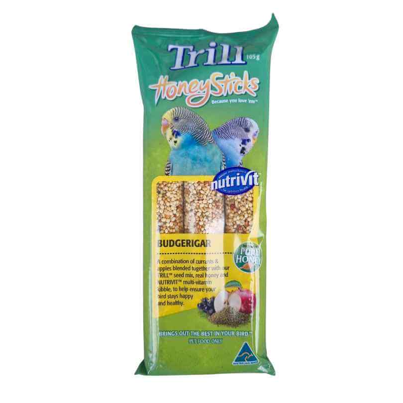 Trill Budgie Honeysticks 105g pack, three honey and seed treat sticks for budgies