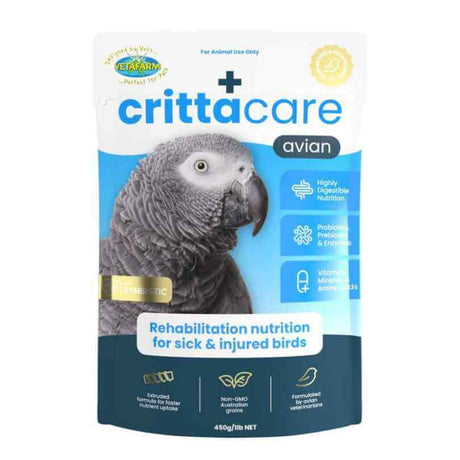 Vetafarm Avian Crittacare 450g, a critical care recovery formula for sick and convalescing birds.
