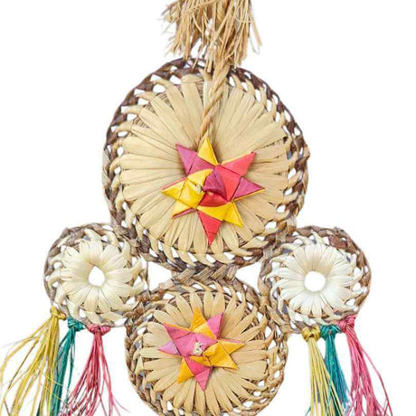 Woven Wonders Dream Catcher showing the woven palm leaf ring and hanging abaca fibre dangles