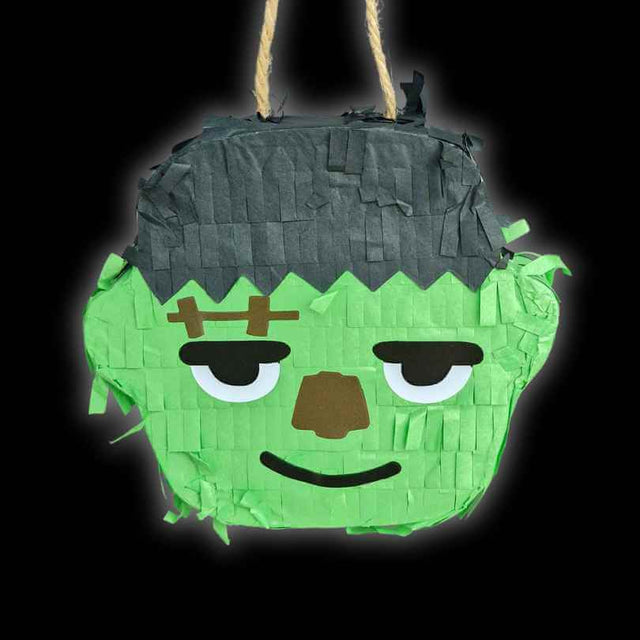 Green Zombie Halloween Parrot Pinata with black hair, sleepy eyes and a stitched forehead