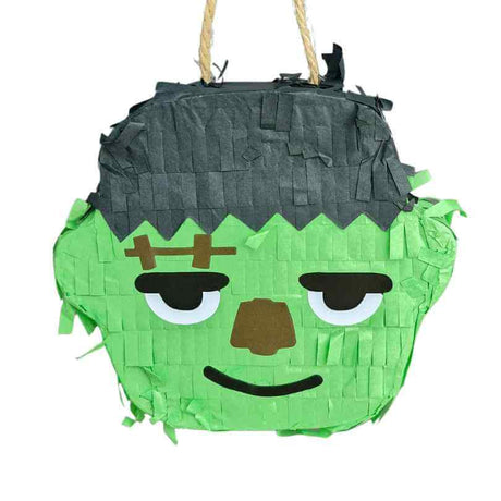 Hanging green Zombie Halloween Parrot Pinata with black hair and a funny undead face