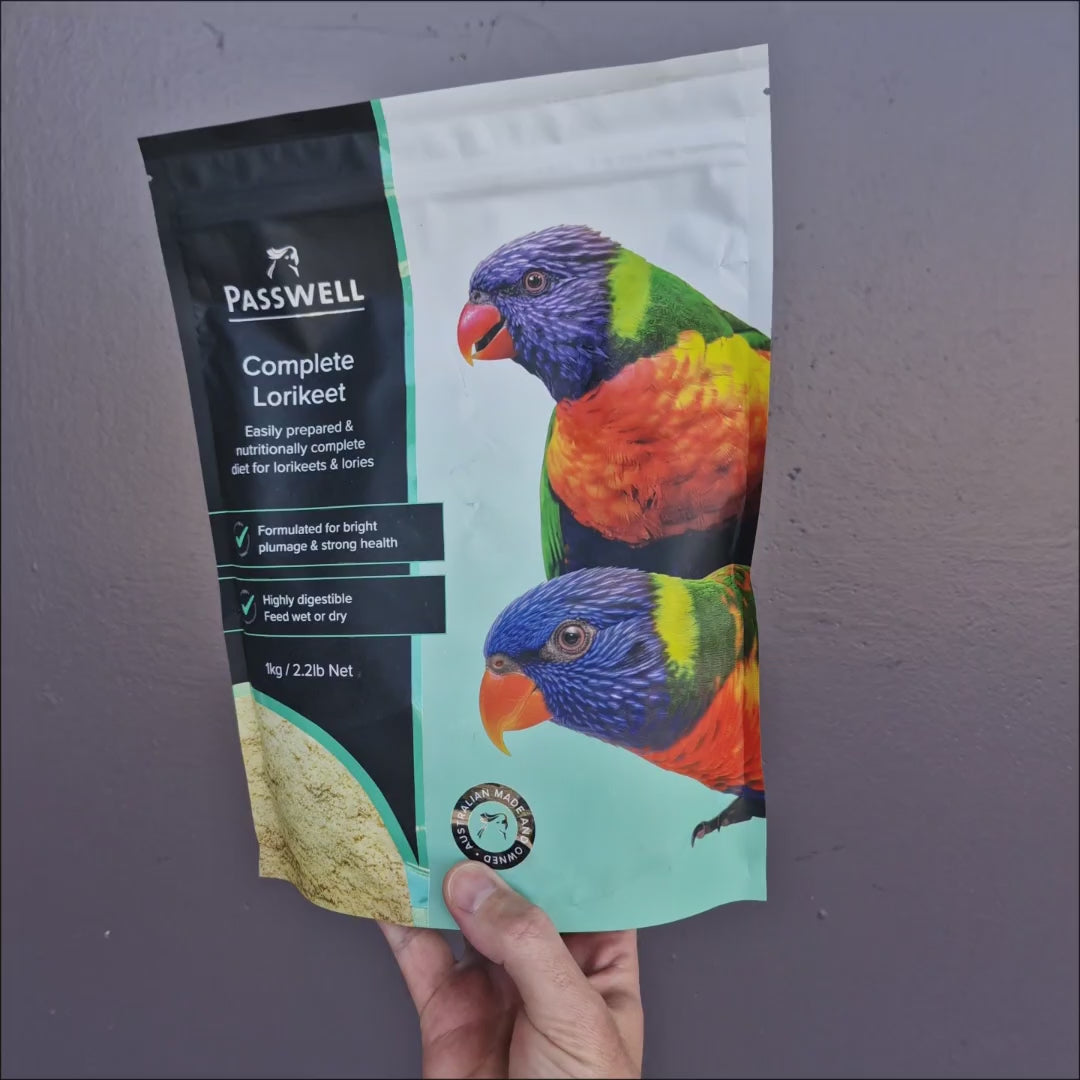 Passwell Complete Lorikeet Mix packet turned to show the front, back and feeding information