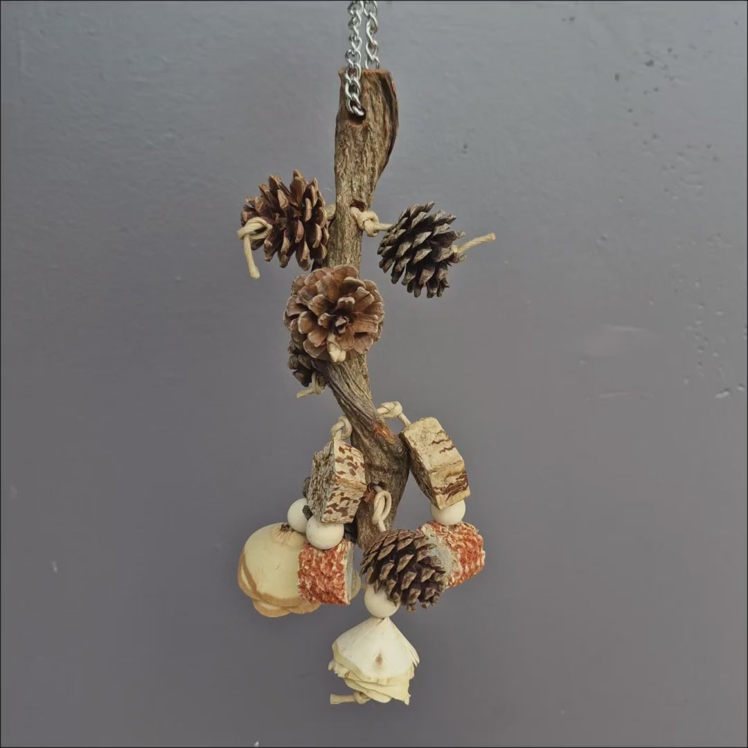Pinecone Harvest Dangle, natural pinecone, corn cob, mahogany and balsa chew toy for cockatiels, conures and small parrots