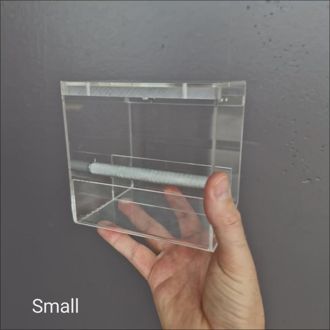 Video showing the Avi-One Enclosed Acrylic Feeder, its clear enclosed acrylic box, textured metal perch and metal hanging hooks