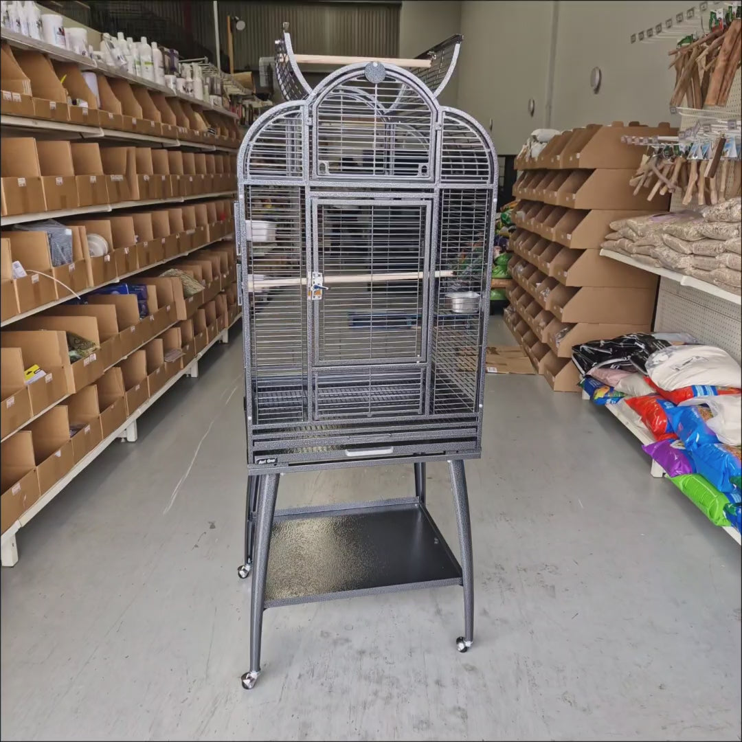 Video of Bird Cage 826SB shown fully assembled with an open-top, stand and wheels